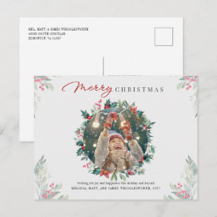 Family Photo Merry Christmas Red Berries Botanical Holiday Postcard
