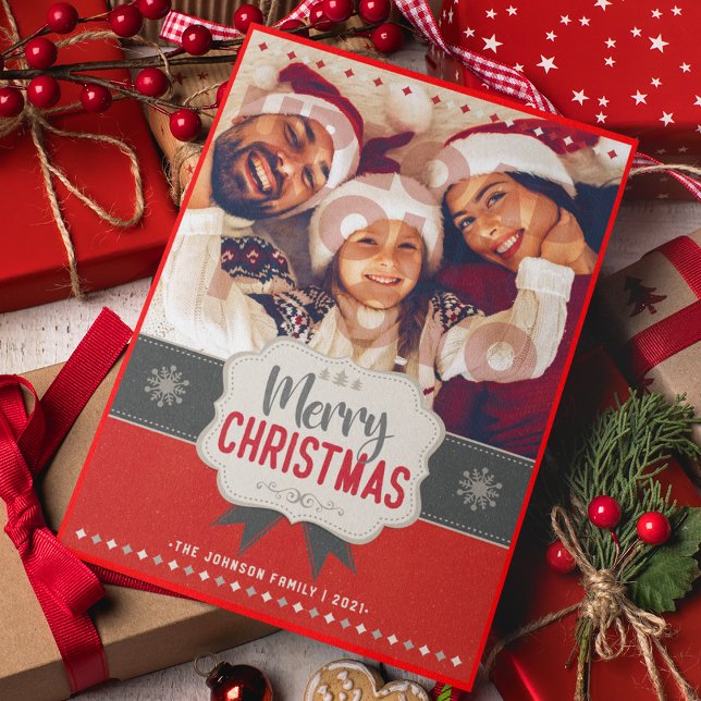 Family Photo Merry Christmas Red Vintage Card (Creator Uploaded)