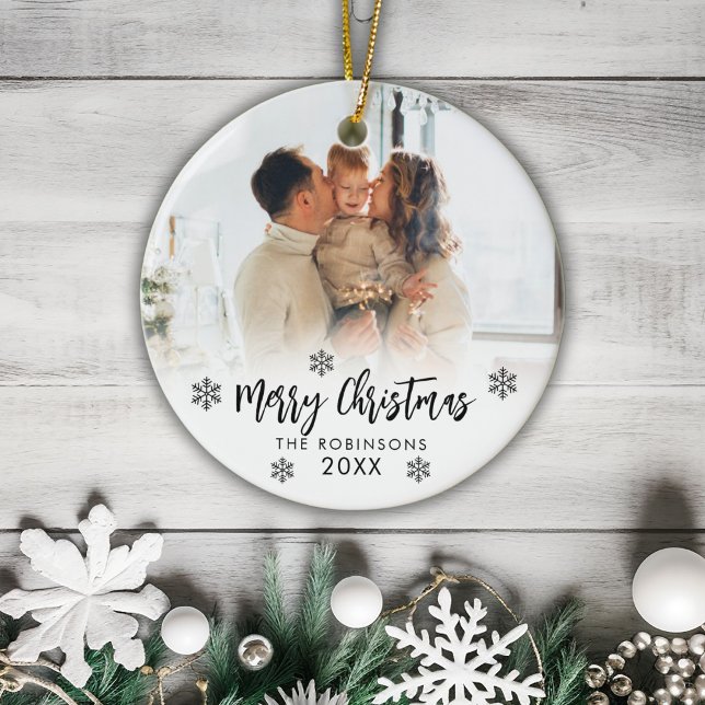 Family Photo Merry Christmas Script Snowflakes  Ceramic Tree Decoration (Creator Uploaded)