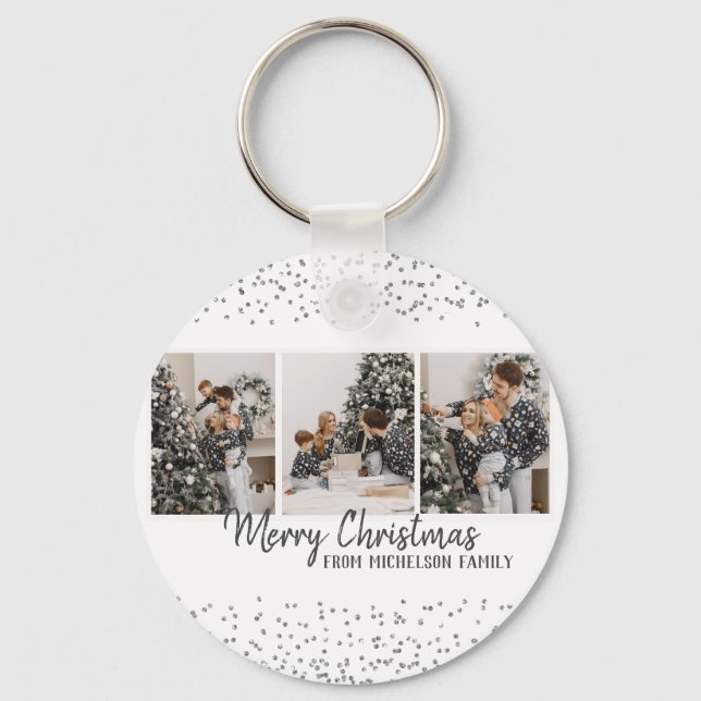 Family Photo Merry Christmas Silvr confetti Key Ring (Front)