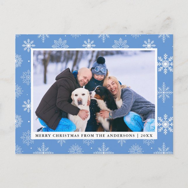 Family Photo Merry Christmas Snowflakes Blue Holiday Postcard (Front)