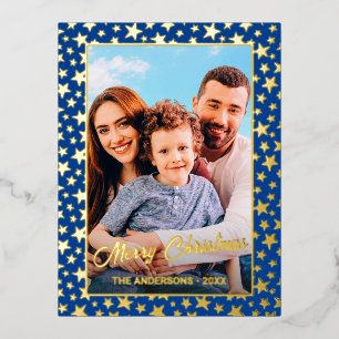 Family photo Merry Christmas star navy blue modern Foil Holiday Postcard