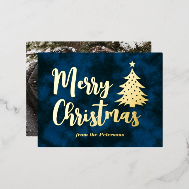 Family Photo Merry Christmas Tree Blue Gold Foil Holiday Postcard (Front/Back)
