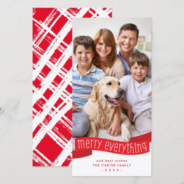 FAMILY PHOTO merry everything ribbon red  Holiday Card (Front/Back)
