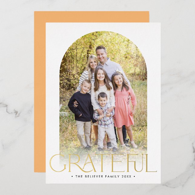 FAMILY PHOTO minimal arch GRATEFUL gold Foil Holiday Card (Front/Back)