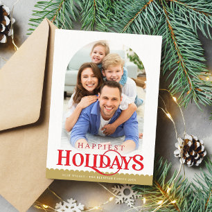 FAMILY PHOTO minimal modern arch gold red Holiday Card