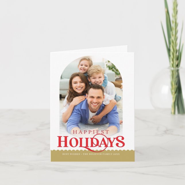 FAMILY PHOTO minimal modern arch gold red Holiday Card (Front)
