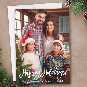 Family Photo Modern Brush Script Happy Holidays Holiday Card