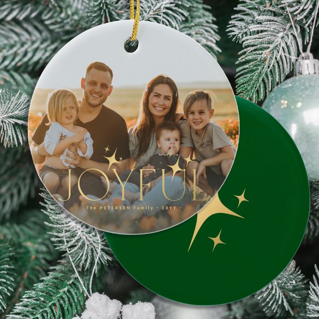 Family photo modern Christmas gold typography Ceramic Tree Decoration (Creator Uploaded)