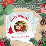 Family Photo Modern Christmas Holiday Card<br><div class="desc">The cheerful design features a circular photo framed by a yellow border and a red Christmas tree. Available as a printed item or a digital file! You can easily update the family name, year, message, and even change the fonts and colours to match your style, creating a keepsake photo for...</div>
