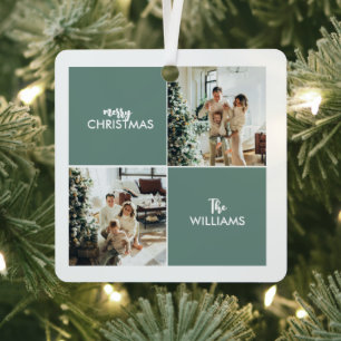 Family Photo modern collage simple Teal Christmas  Metal Tree Decoration