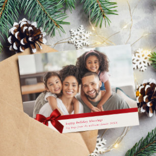 FAMILY PHOTO modern cute wrapped up red ribbon bow Holiday Card