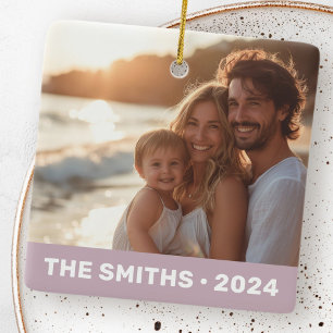 Family photo modern dusty purple name year ceramic ornament
