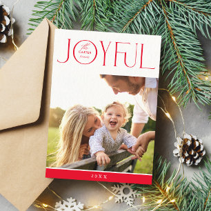 FAMILY PHOTO modern elegant typography JOYFUL red Holiday Card