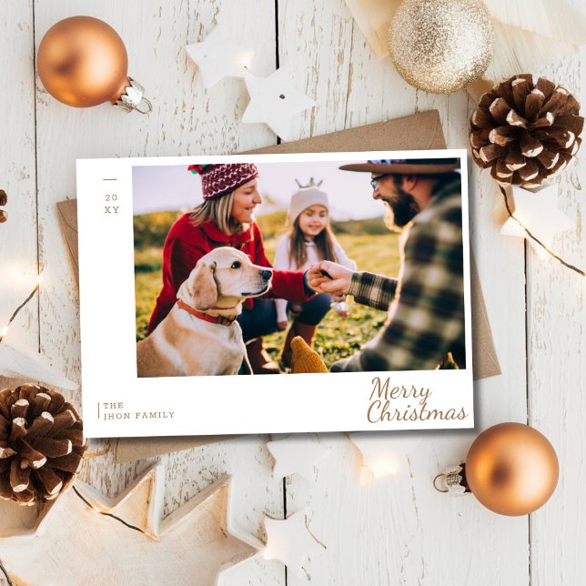 Family Photo Modern Gold Merry Christmas Holiday  Card (Creator Uploaded)