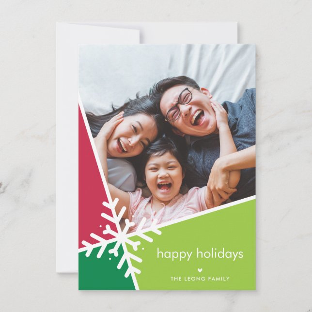 FAMILY PHOTO modern holiday snow flake green red (Front)