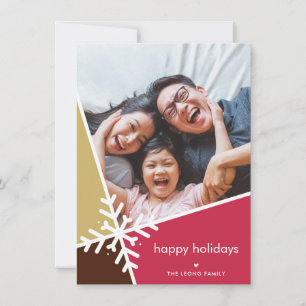 FAMILY PHOTO modern holiday snow flake red gold Card