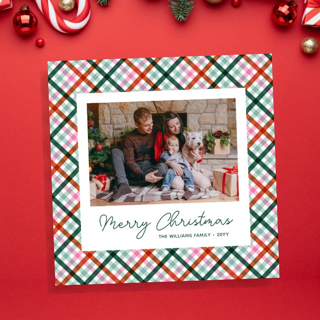 Family Photo Modern Merry Christmas Card (Merry Christmas script, family photo, modern gingham pattern. Christmas card in red green mint pink.)