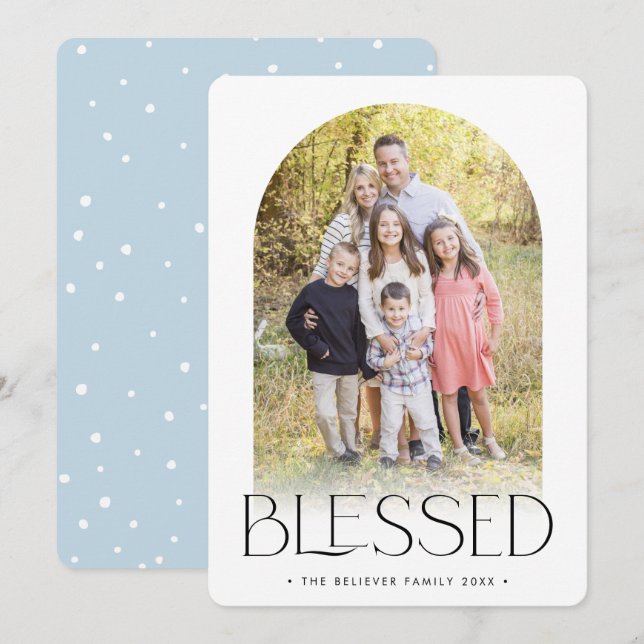 FAMILY PHOTO modern minimal arch BLESSED pale blue Announcement (Front/Back)