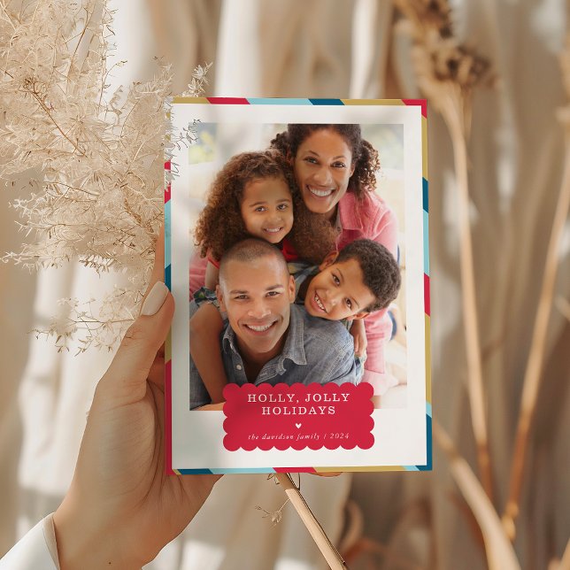 FAMILY PHOTO modern minimal border red gold blue Holiday Card (Creator Uploaded)