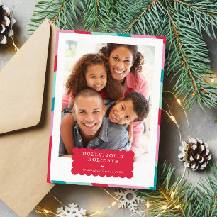 FAMILY PHOTO modern minimal border red pink Holiday Card