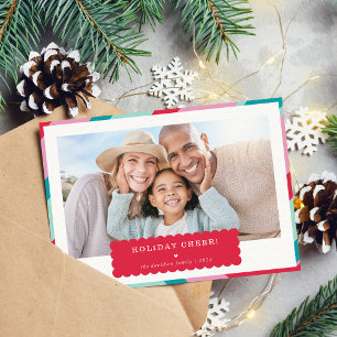 FAMILY PHOTO modern minimal geometric red pink Holiday Card