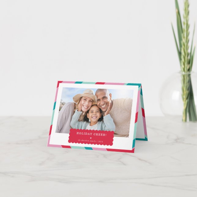 FAMILY PHOTO modern minimal geometric red pink Holiday Card (Front)