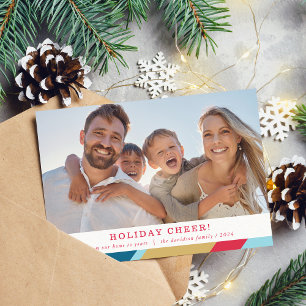 FAMILY PHOTO modern minimal pattern frame red gold Holiday Card