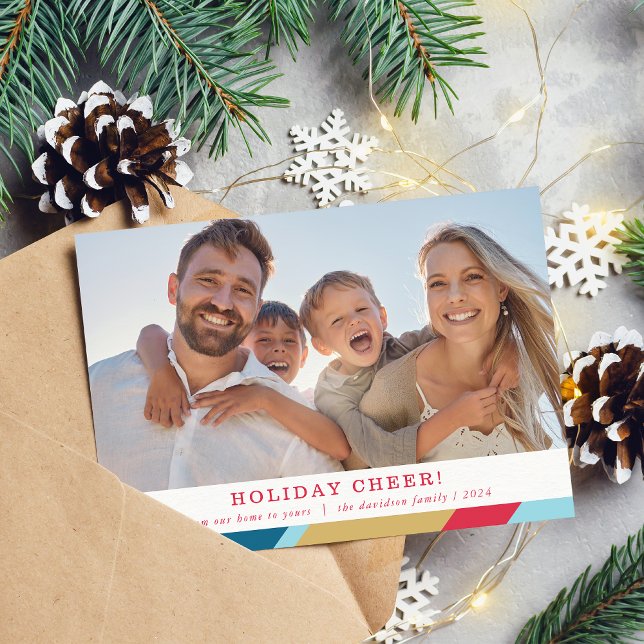 FAMILY PHOTO modern minimal pattern frame red gold Holiday Card (Creator Uploaded)