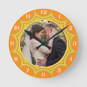 Family Photo Modern Orange Sunburst Personalized Round Clock
