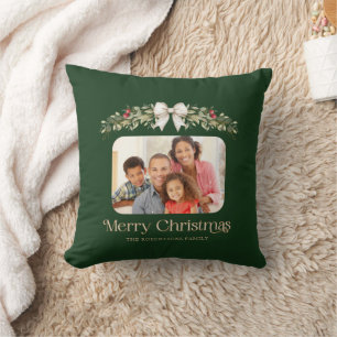 Family Photo Modern Script Merry Christmas Cushion