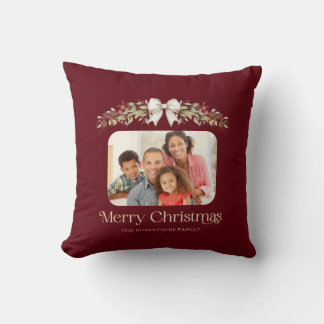 Family Photo Modern Script Merry Christmas Cushion