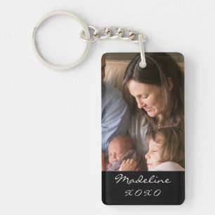 Family Photo Modern Script Monogram Name Black Key Ring