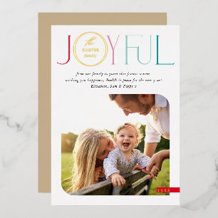 FAMILY PHOTO modern serif typography JOYFUL colour Foil Holiday Card