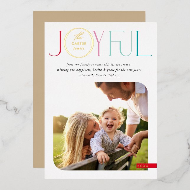 FAMILY PHOTO modern serif typography JOYFUL colour Foil Holiday Card (Front/Back)