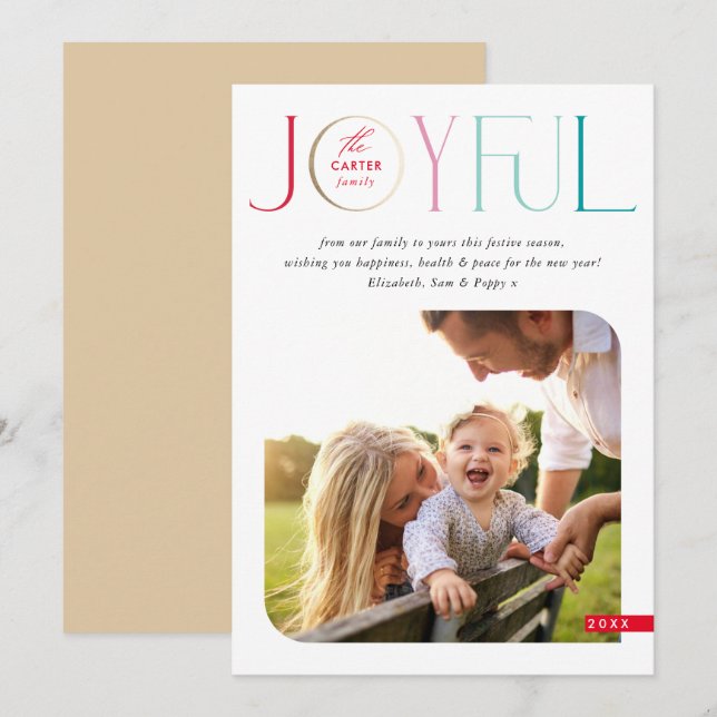 FAMILY PHOTO modern serif typography JOYFUL colour Holiday Card (Front/Back)
