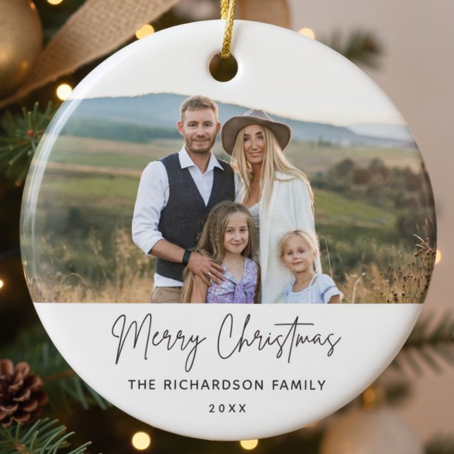 Family Photo Modern Simple Script Chiristmas  Ceramic Tree Decoration (Creator Uploaded)