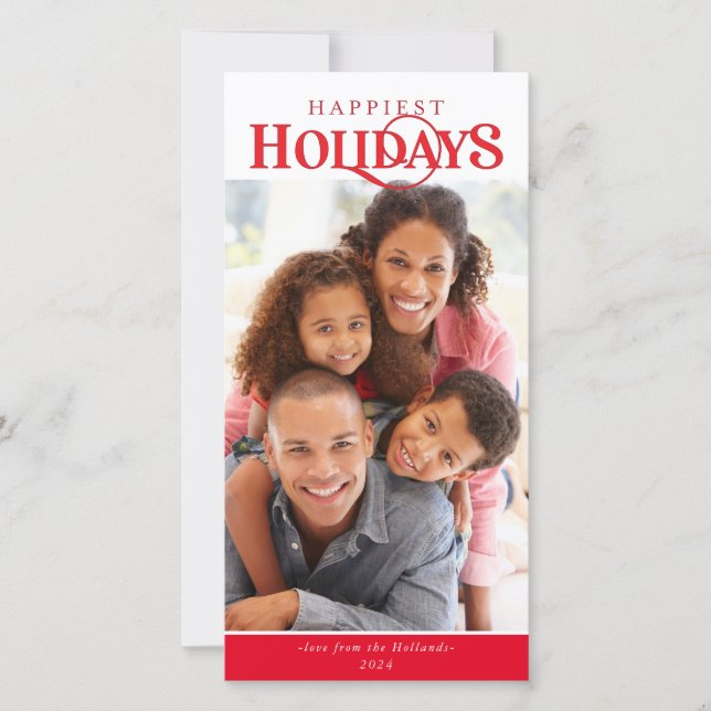 FAMILY PHOTO modern simple typography red Holiday Card (Front)