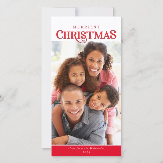 FAMILY PHOTO modern simple typography red Holiday Card (Front)