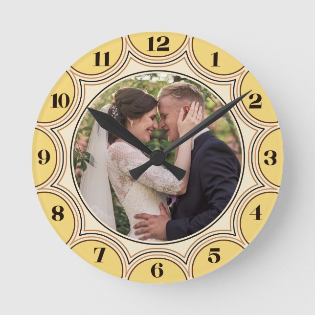 Family Photo Modern Yellow Sunburst Personalised Round Clock (Front)