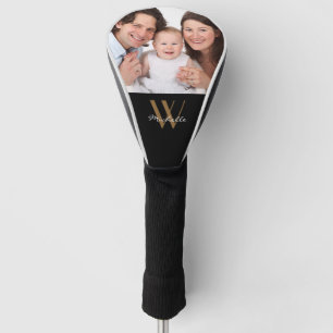 Family Photo Monogram Black Gold Elegant Name Golf Head Cover