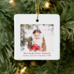 Family Photo & Name Minimalist Christmas Tree Ceramic Ornament<br><div class="desc">A family name and photo christmas tree ornament. This personalised christmas tree ornament features a a simple red typewriter text and photo. The image shown is for illustration purposes only and is to be replaced with your photo. All text on the front and back of the ornament can be customised...</div>