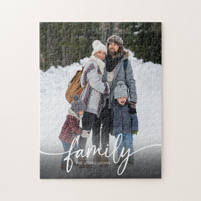 Family Photo Name Modern Script Jigsaw Puzzle (Vertical)