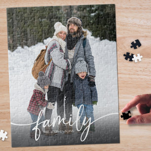 Family Photo Name Modern Script Jigsaw Puzzle
