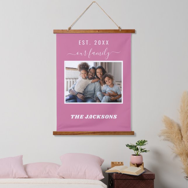 Family photo name script green dark pink hanging tapestry (Bedroom)