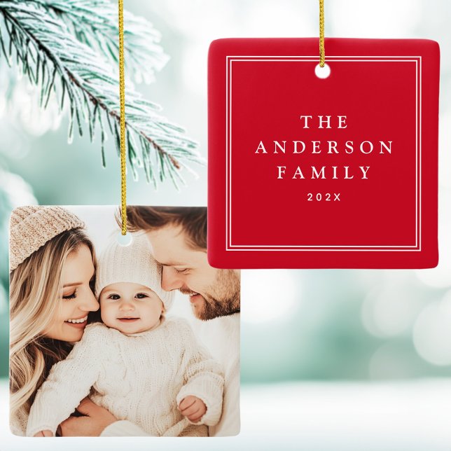 Family photo name year elegant border red ceramic ornament (Family photo name year elegant border red ceramic ornament)