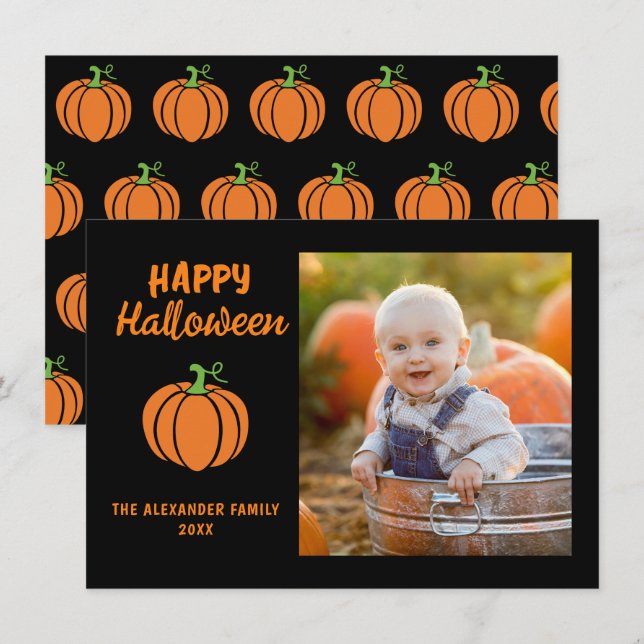 Family Photo Orange Pumpkin Black Happy Halloween Card (Front/Back)