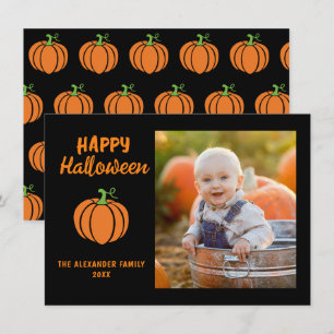 Family Photo Orange Pumpkin Black Happy Halloween Card