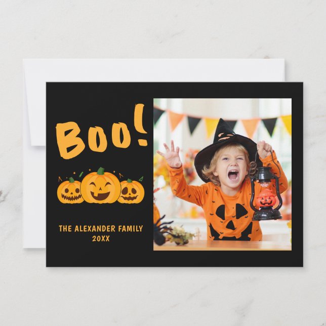 Family Photo Orange Pumpkins Black Halloween Boo Card (Front)