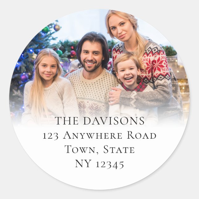 Family Photo Overlay Name Return Address Classic Round Sticker (Front)